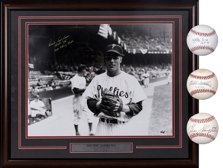 Baseball Hall of Famers Single Signed Lot - 3 Baseballs and 1 Framed Piece (Ashburn, Mathews, Slaughter & Ford) (PSA/DNA)